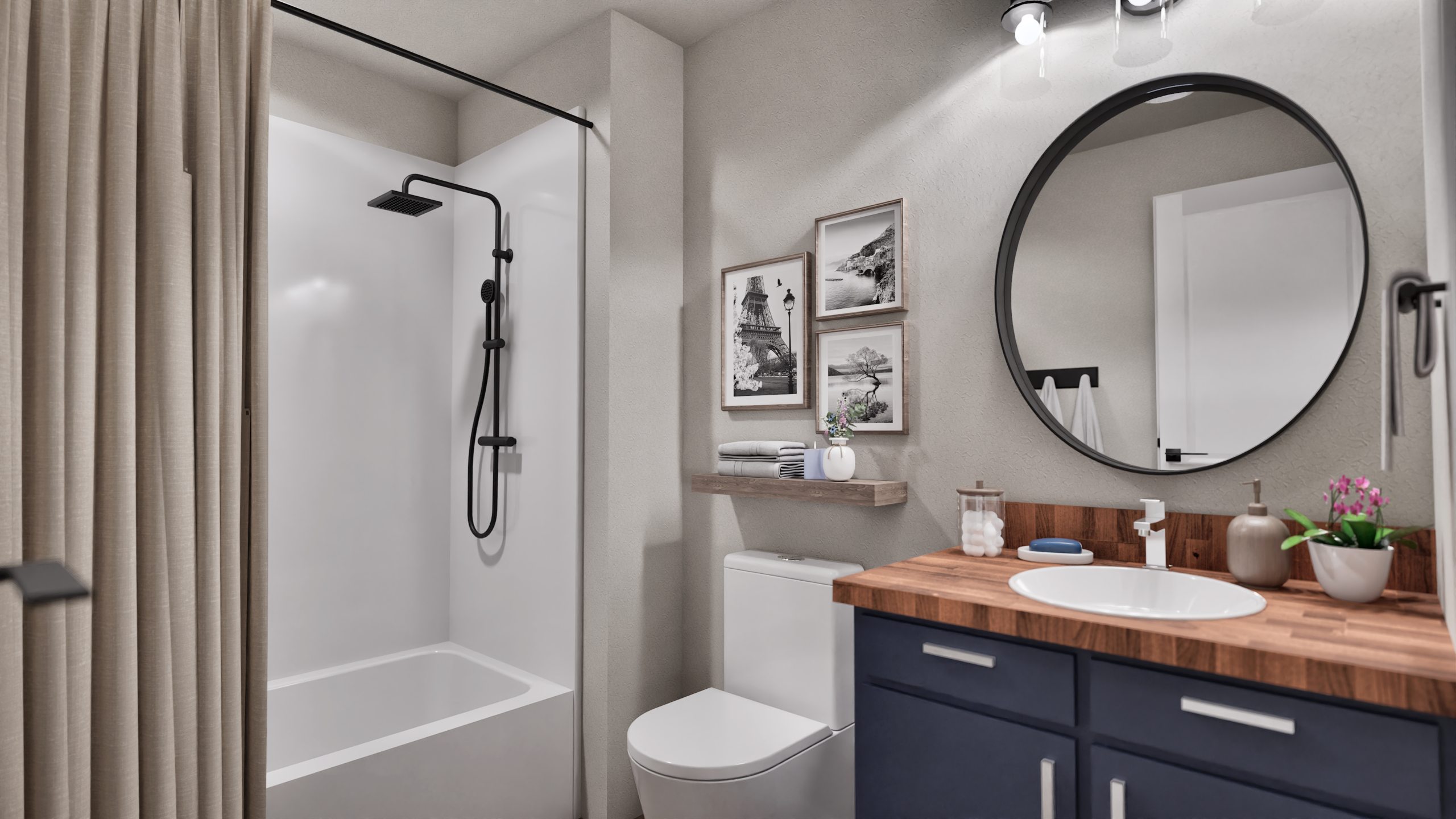 Bathroom 3D rendering example by RendrOne showing vanity, shower and finish selections
