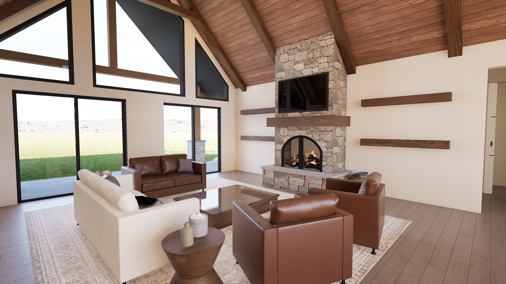 Lake home great room 3D rendering with vaulted ceiling fireplace and large windows by RendrOne