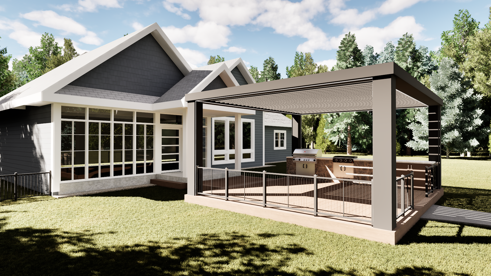 Outdoor living and backyard 3D rendering example by RendrOne